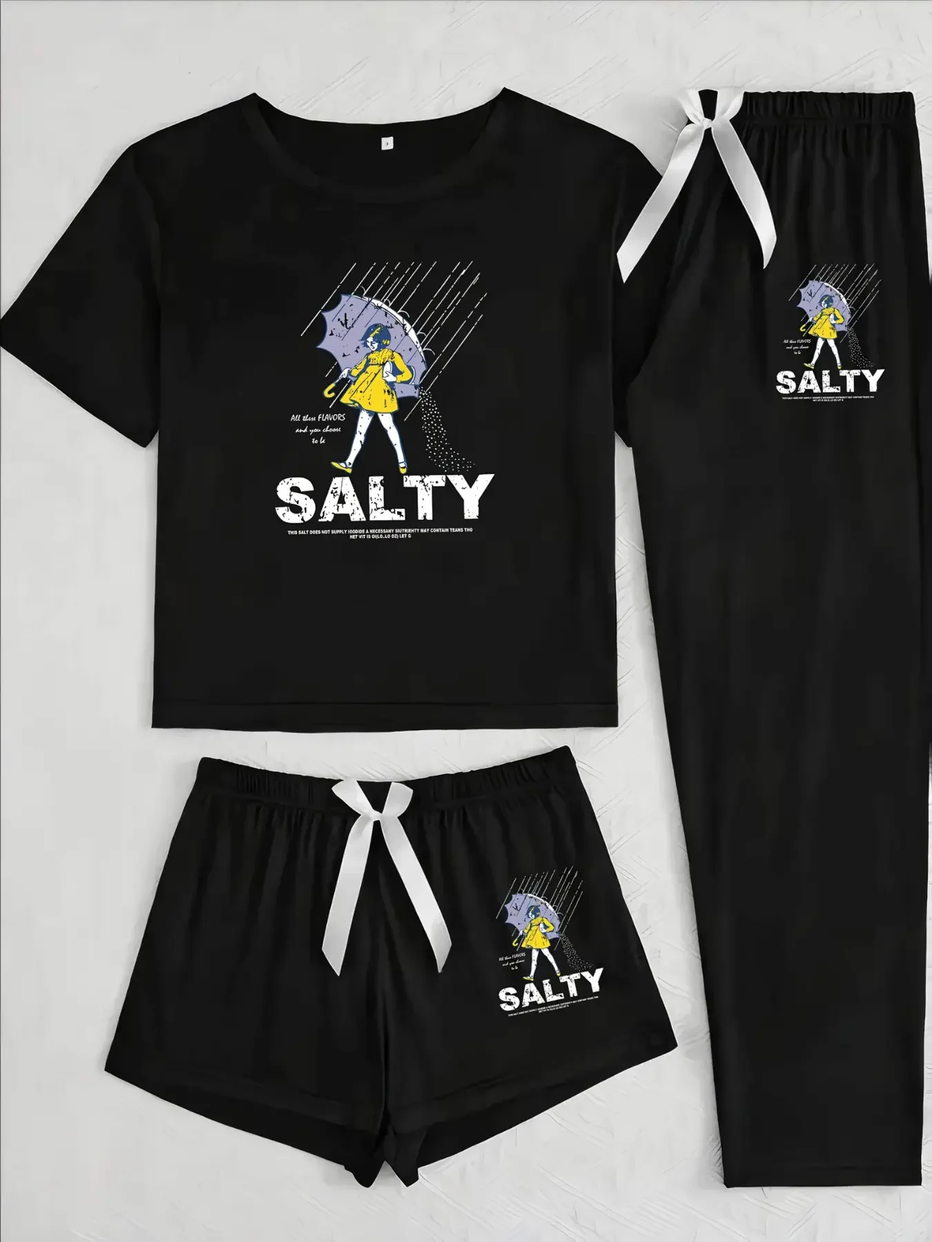 Rain Umbrella Girl Three-Piece Set, Cartoon Pattern, Loose-Fitting Casual Everyday Home Wear, All Seasons, Comfortable and Stylish, Loungewear, Clothes