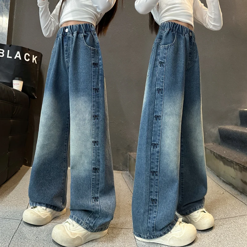 2025 Autumn Kids Children Fashion Straight Jeans with Bows on the Side for Teenage Girls Casual Vintage Blue Denim Pants 5-14 Y