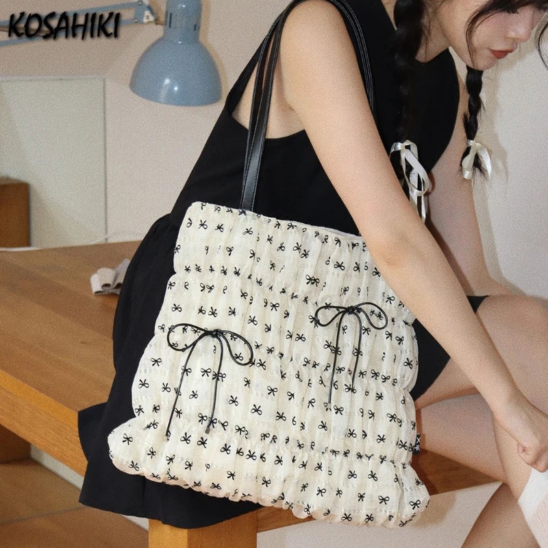 

Fashion Sweet Bow Print Pleated Women Handbags Office Lady Chic Casual Shoulder Bags Y2k Aesthetic All Match Fairy Underarm Bag