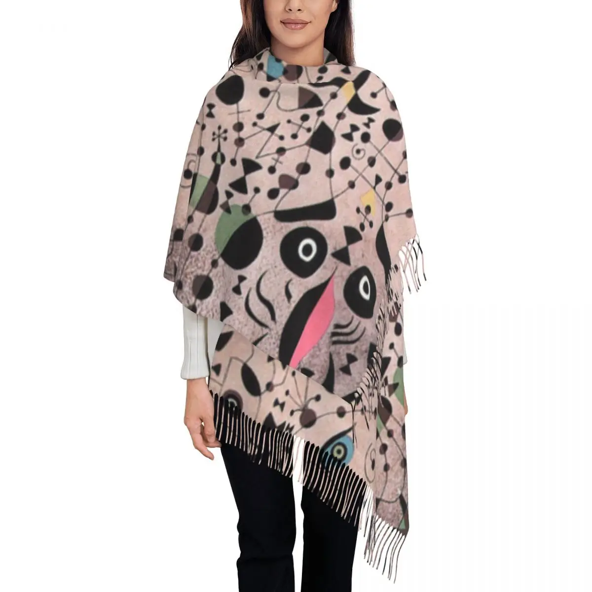 The Beautiful Bird Revealing The Unknown To A Pair Of Lovers Tassel Scarf Soft Joan Miro Shawls Wraps Female Winter Fall Scarves