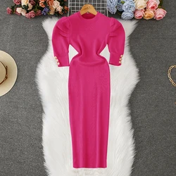 YuooMuoo Good Quality Knitted Bodycon Summer Dress Fashion Designer Puff Sleeve Ribbed Party Dress Women Streetwear Mini Outfits