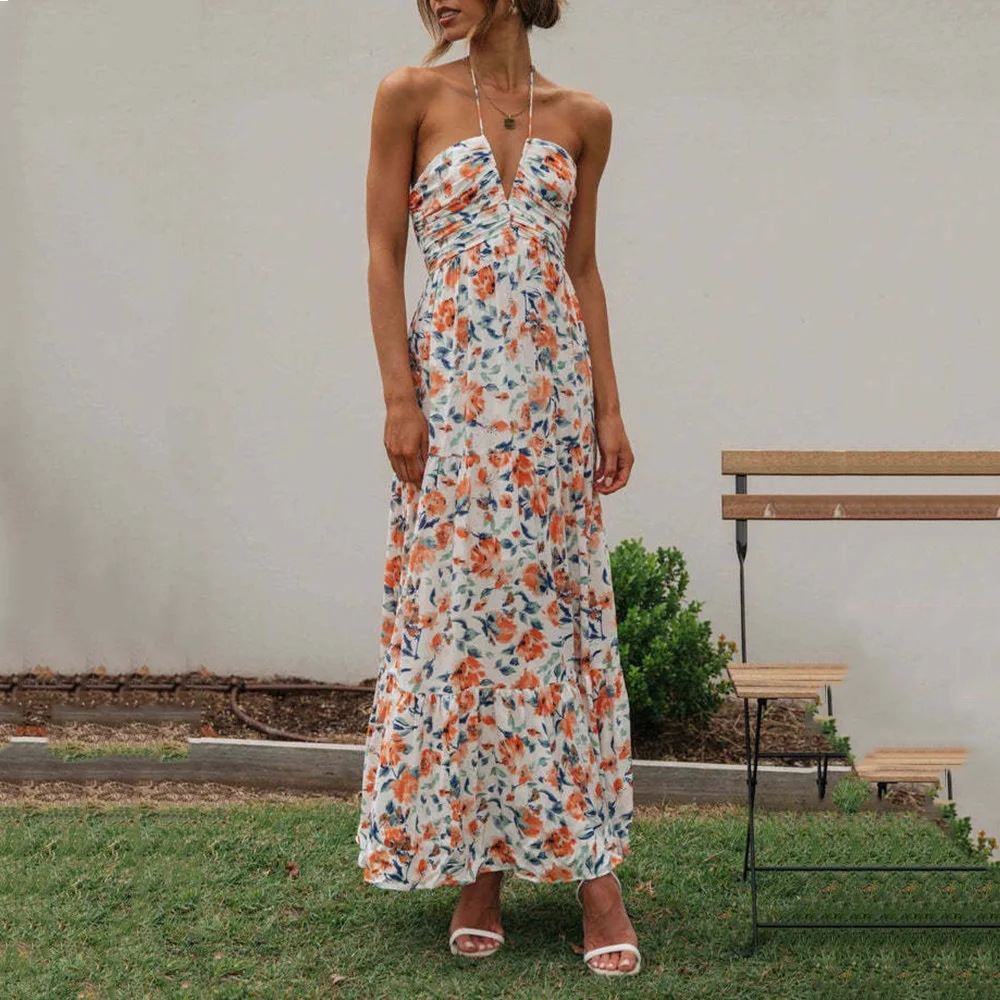 

Orange Floral Printed Halter Neck Maxi Dress Women Summer Spaghetti Strap Low Cut Long Dresses Casual Flowy Sexy Boho Sundress