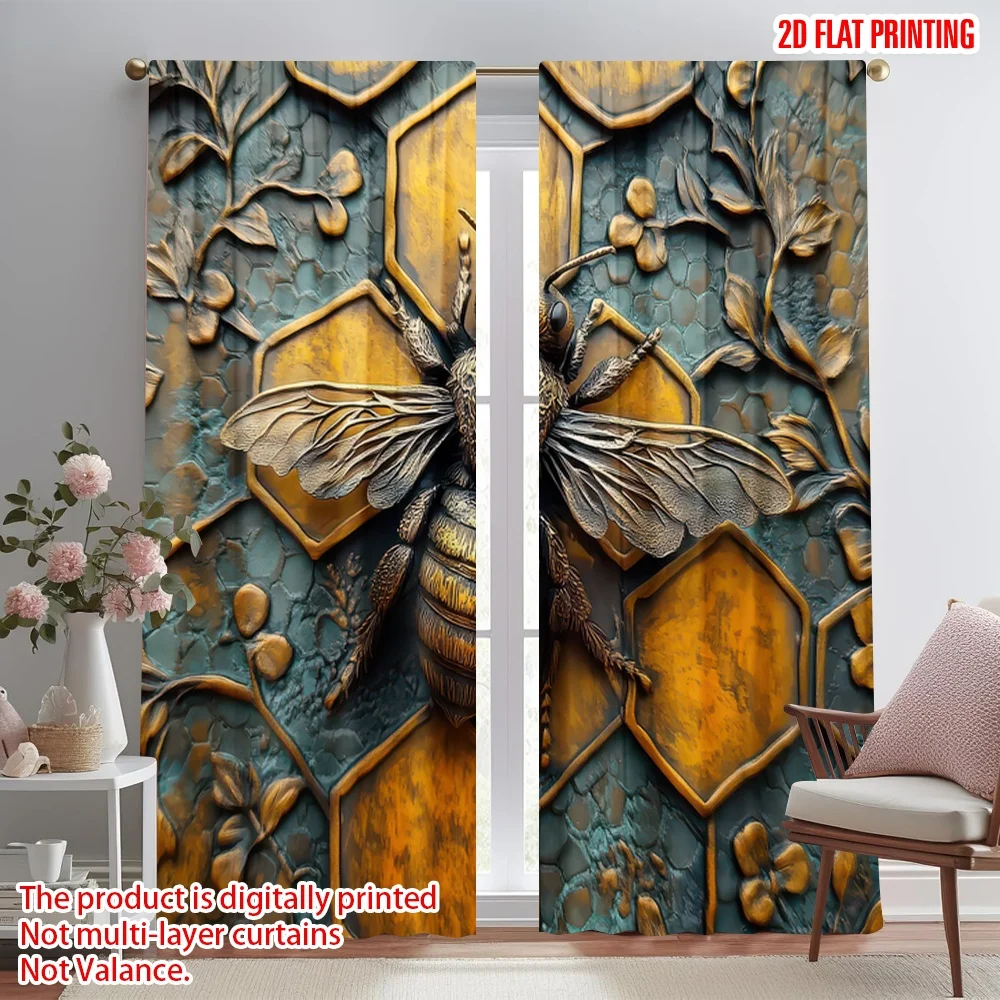 

2D flat printing 2pcs Window Curtains Bee and Honeycomb Digital Printed Polyester Drapes Family Party Decoration for Photo
