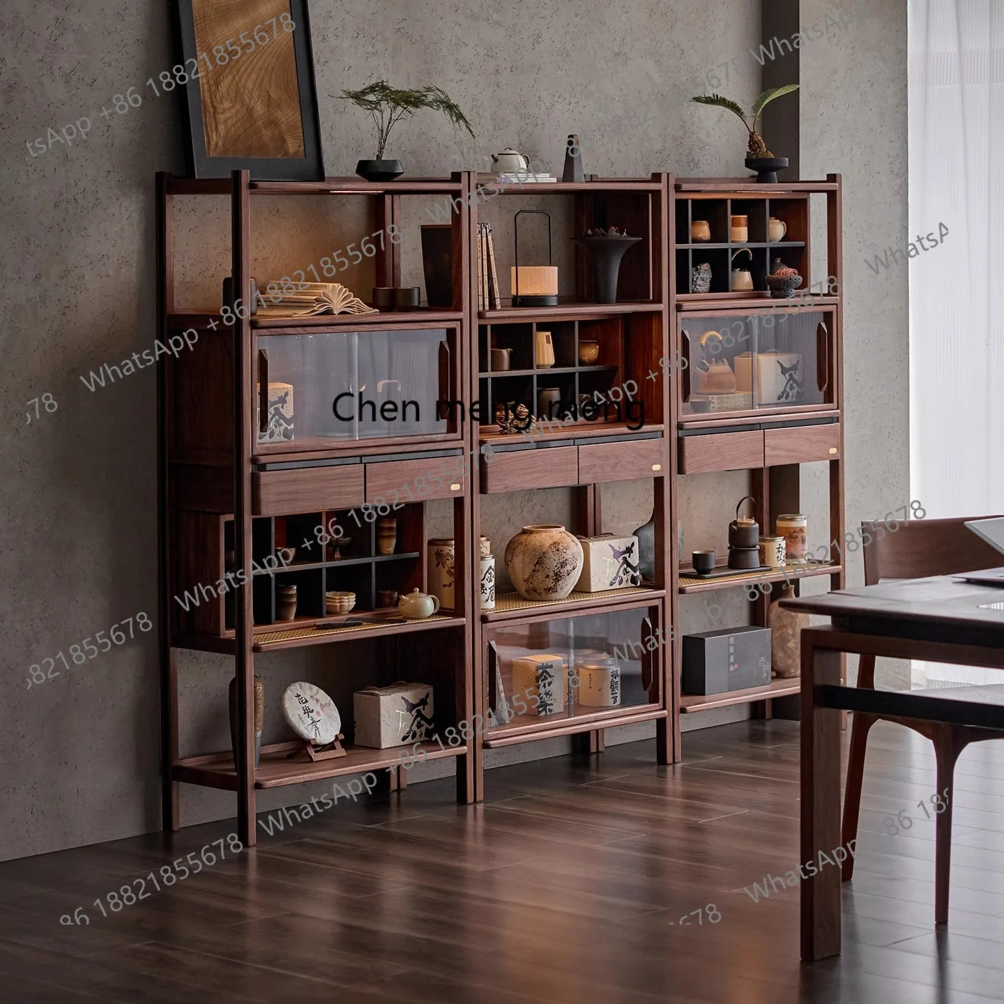 Walnut Solid Wood Combination Bogu Rack Multifunctional Tea Room Display Cabinet Tea Set Storage Rack Living Room Bookshelf