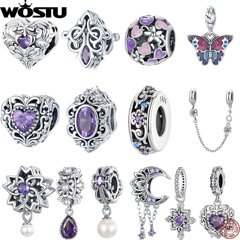 WOSTU 925 Sterling Silver Dreamy Purple Heart Charms Safety Chain Space Jewelry Beads Fit Original Bracelet DIY Bangle For Women