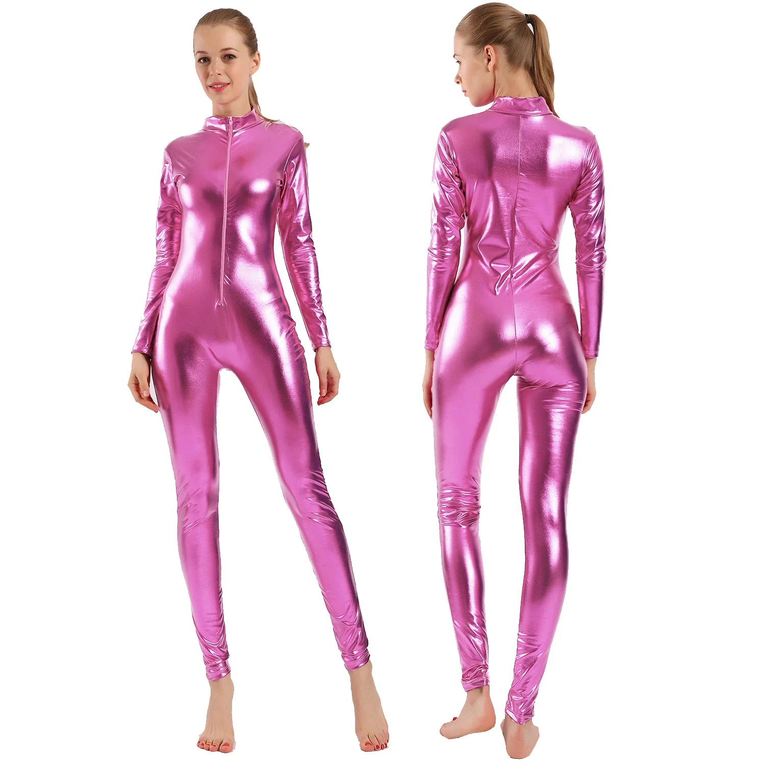 Aoylyisey ชุดจั๊มสูทแขนยาวสีเมทัลลิกสำหรับผู้หญิงชุดคอสเพลย์ zentai