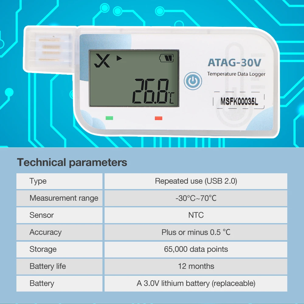 Temperature Data Logger ATAG-30V Reusable Built In Battery 180 Days Storage USB Recorder For Refrigerated Cargo Pharmaceutical