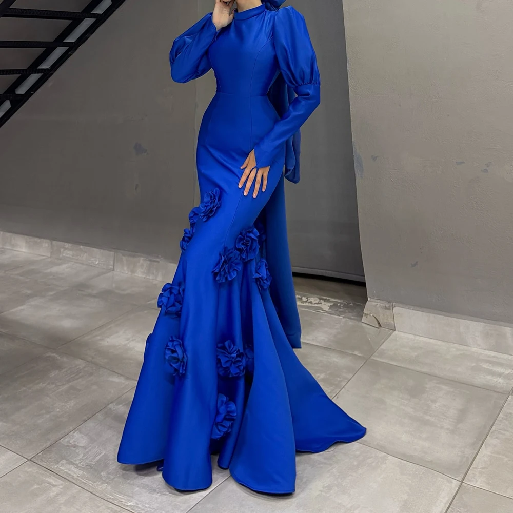

Customized A-line Evening Dresses Floor-length High-neck Full Sleeve Prom Gown Fashion Flowers Simple Draped Casual Party Gown