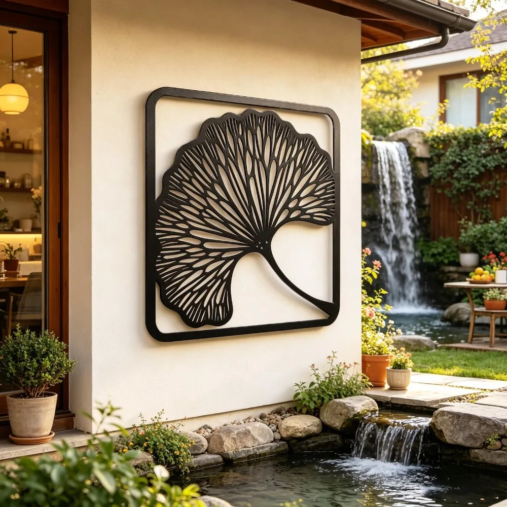 Ginkgo Leaf Metal Wall Art, 2D Flat Laser Cut Minimalist Square Frame Iron Wall Sculpture, Nordic Art Deco Style