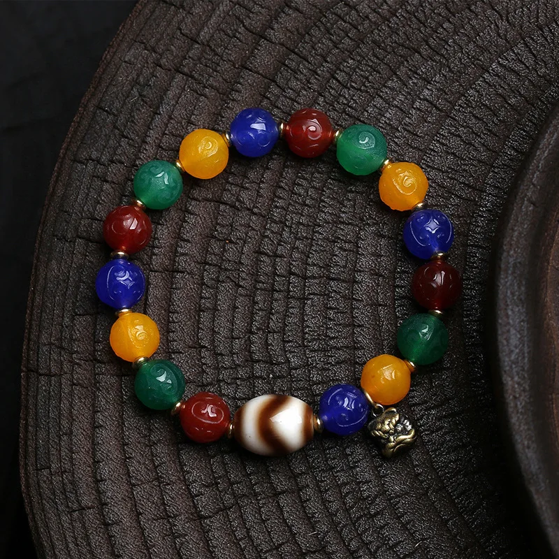 

Natural rebound beads agate strings single circle cultural tiger teeth dzi copper waking lion accessories Buddha beads bracelet