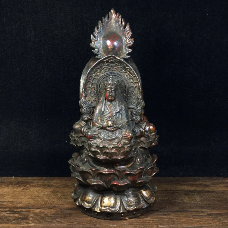 

6"Tibetan Temple Collection Old Bronze Cinnabar Three-faced Buddha Ksitigarbha Sakyamuni Guanyin Buddha Worship Hall Town house