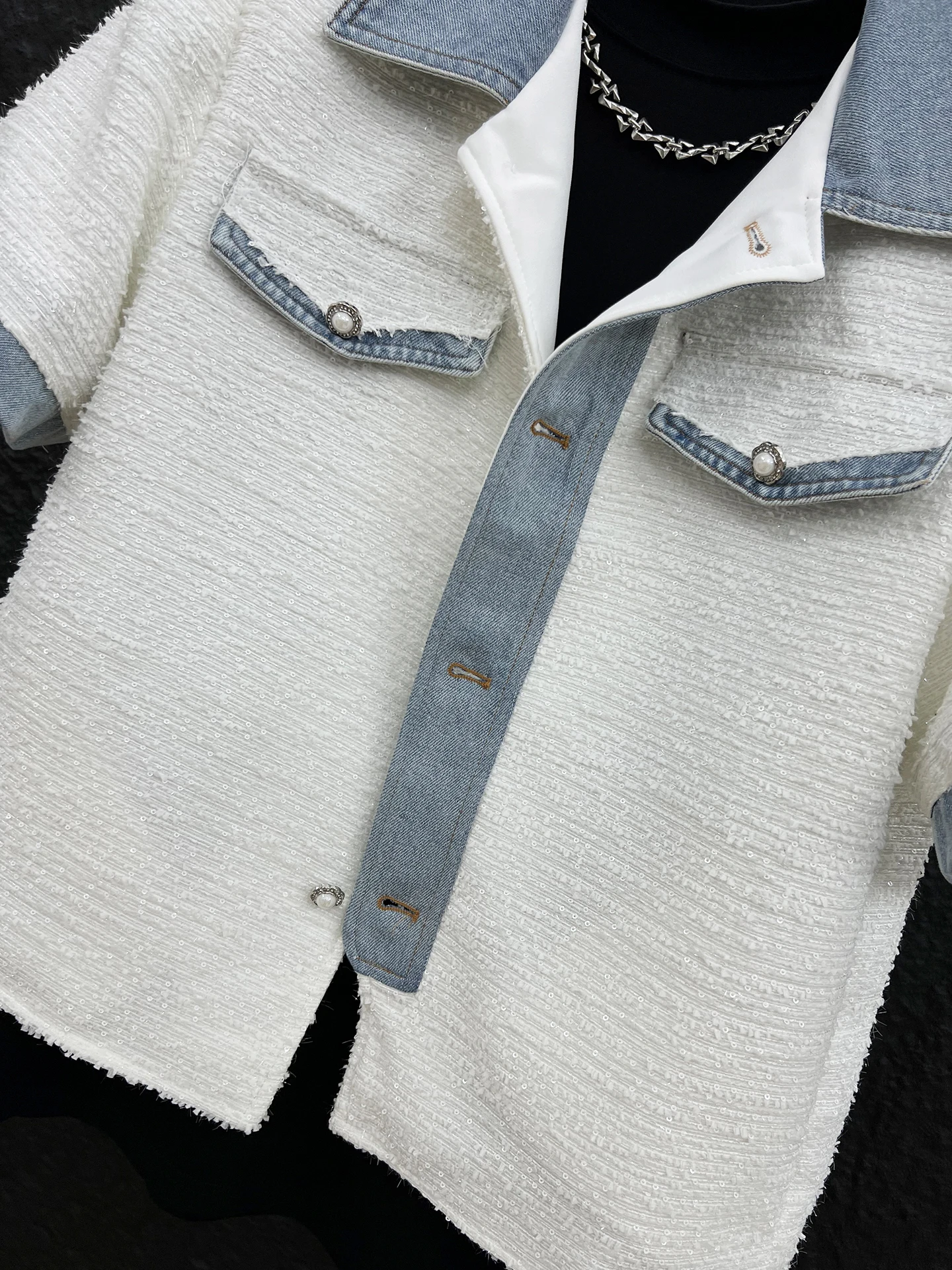 Men's 2025 Summer New Coats Niche Splicing Denim Short-sleeve Small Fragrant Jackets Men's Handsome Sequin Design Fashion Jacket