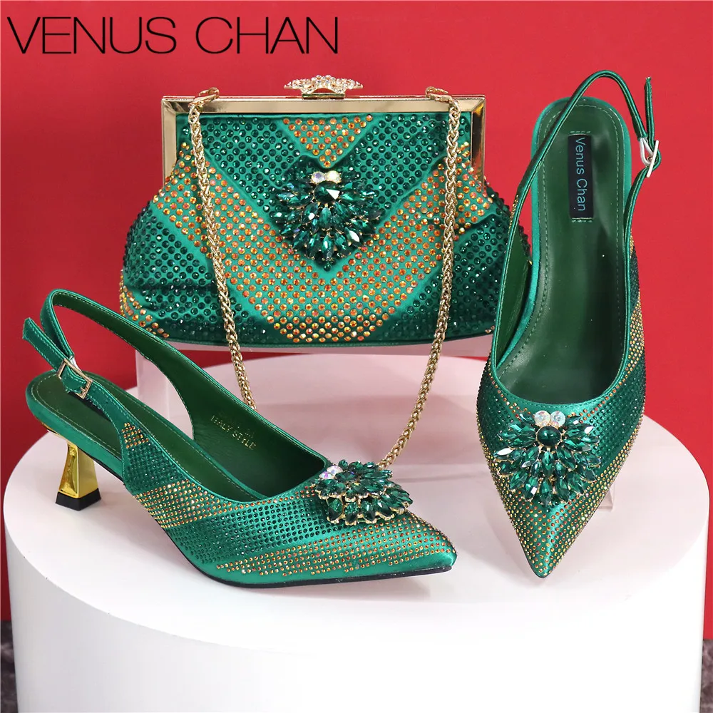 2025 Italian Design Rhinestone Luxury Green Colour Pointed Toe Shoe & Bag Set Women's High Heels for Parties High Quality