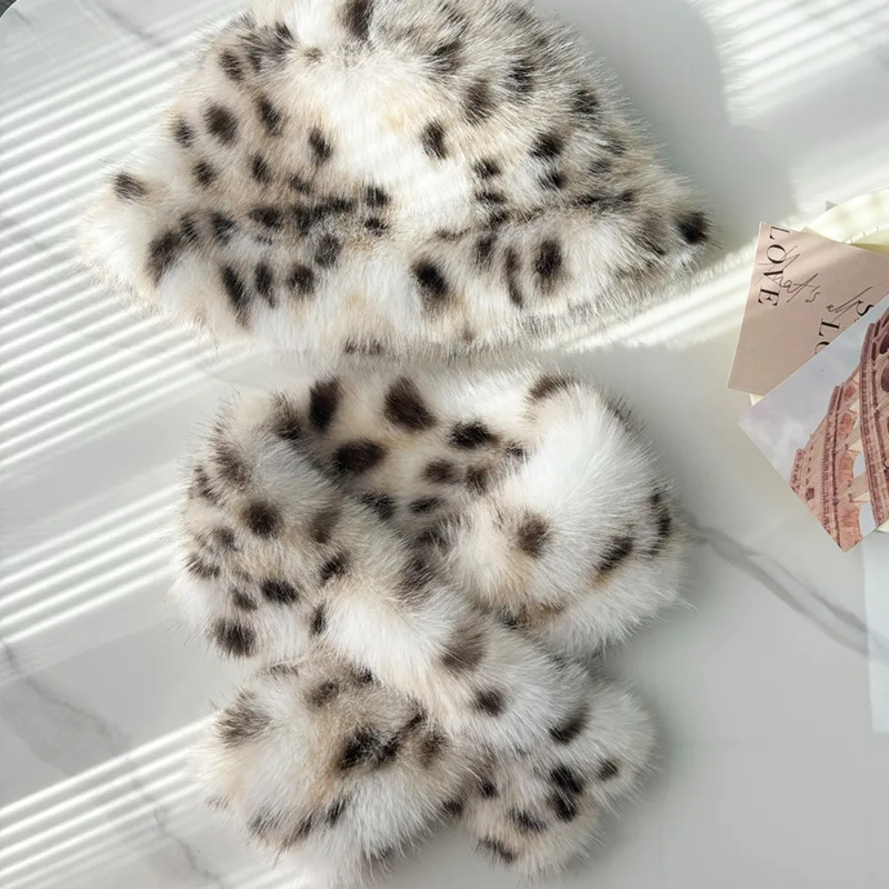 Fluffy Thicken Warm Faux Fur Bucket Hat Imitation Fur Leopard Print Cap Scarf Set Versatile Scarf Pullover Fisherman Hat