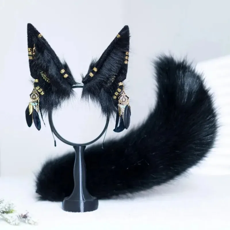 1SET/ Anubis Style Ears & Tail Set - Black Faux Fur Handmade Egyptian God Cosplay Costume for Halloween LARP