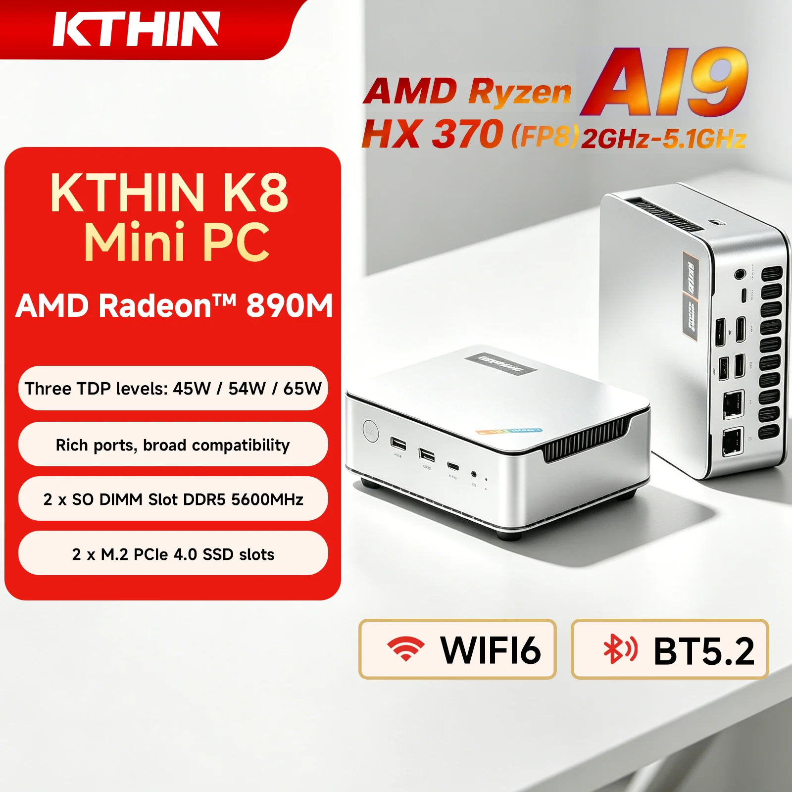 KTHIN K8 Mini PC AMD Ryzen AI9 HX 370 OCuLink Support Dual DDR5 5600MHz Gaming Computer Desktop PC WIFI6 AI Computing Power