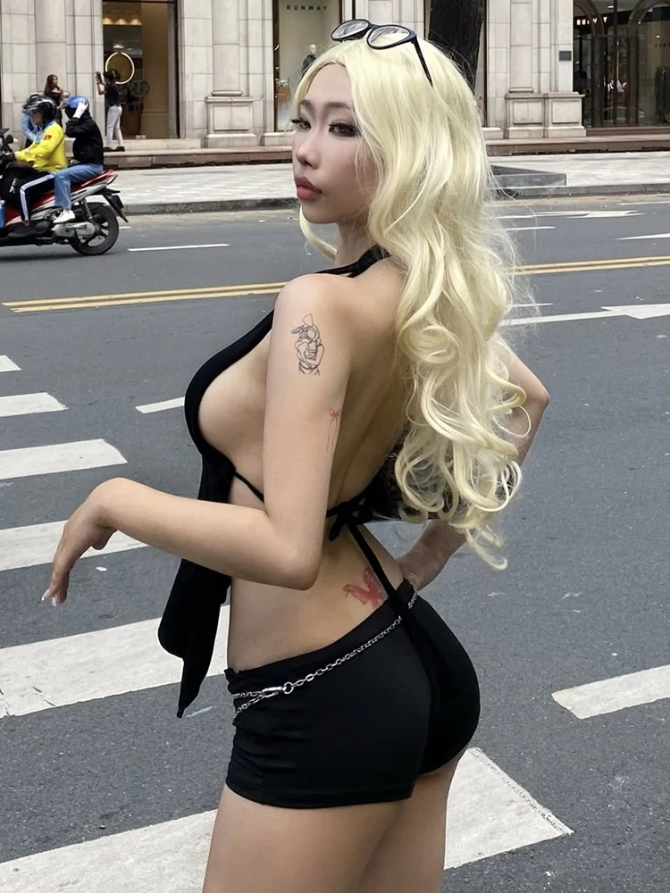 Nibber bainha irregular feminino com decote em v simples sem mangas selvagem rua sem costas guarnição de metal frênulo halter sexy moda hottie colete