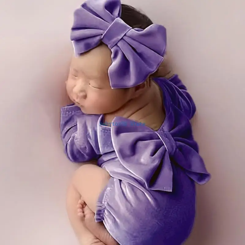 y4ud soft Newborn Holiday Fortfography Whood with Pearls Bow Infant Holiday Costume Medborns Romper Beadband for Girls #3