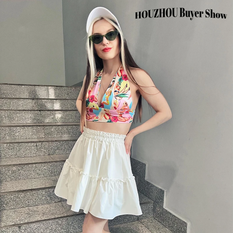 HOUZHOU Kawaii Cute Mini Skirt Women Korean Fashion Patchwork Fairycore High Waist Fluffy White Skirt Vacation Outfits Summer