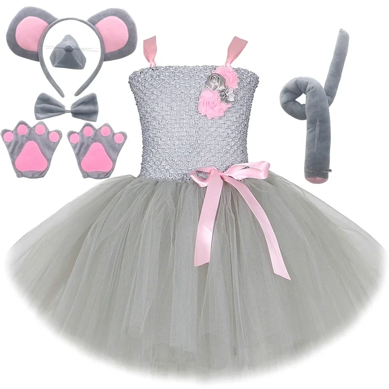 HN8 Baby Girls Gray Mouse Tutu Dress for Kids Halloween Rat Costumes Children Animals Outfits Birthday Clothes with Ears Bow)4Dc