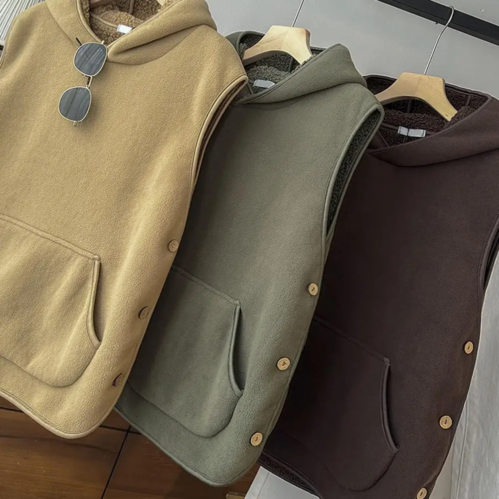 

Women Fall Winter Vest with Hooded Side Button Closure Fleece Thermal Isolation Solid Color with Front Pocket Casual Daily Hoodi