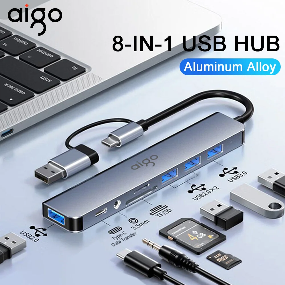 Aigo 8-IN-1 USB A/C HUB Dockingstation Expander Multiport-Adapter mit 3,5-mm-Audio für PC, Laptop, Tablet, schnelle Datenübertragung