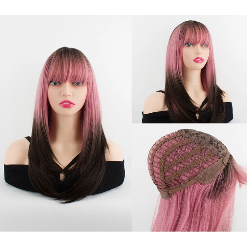 

Ladies Black&Pink Wigs Women's Long Straight Natural Hair Wig