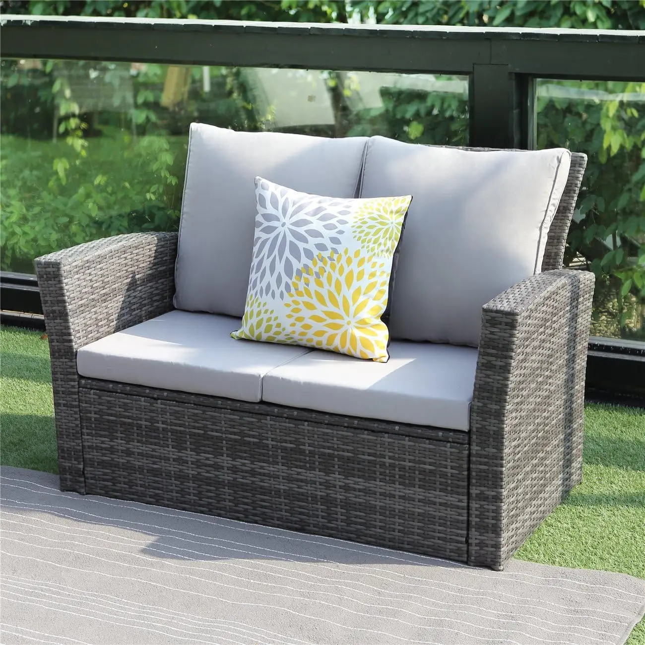 All-Weather Wicker Patio Móveis Sets, Outdoor Rattan sofá secional, cadeira com almofadas e mesa de café, 4 PCs