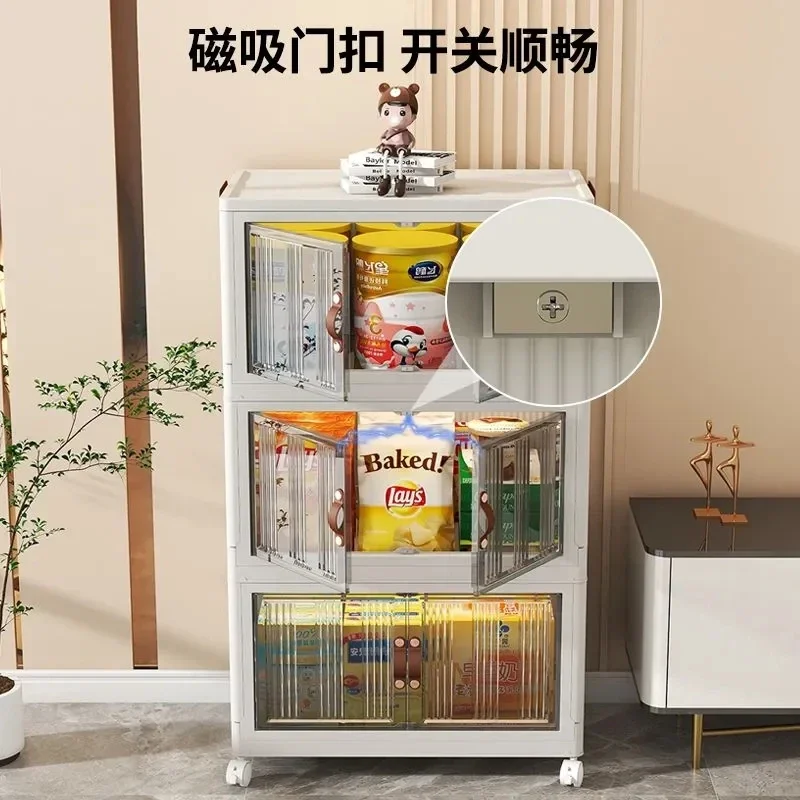 Folding Plastic Storage Bins with Lids Stackable Cabinet Organizer with Caster Wheel Collapsible Toy Storage with Double Door