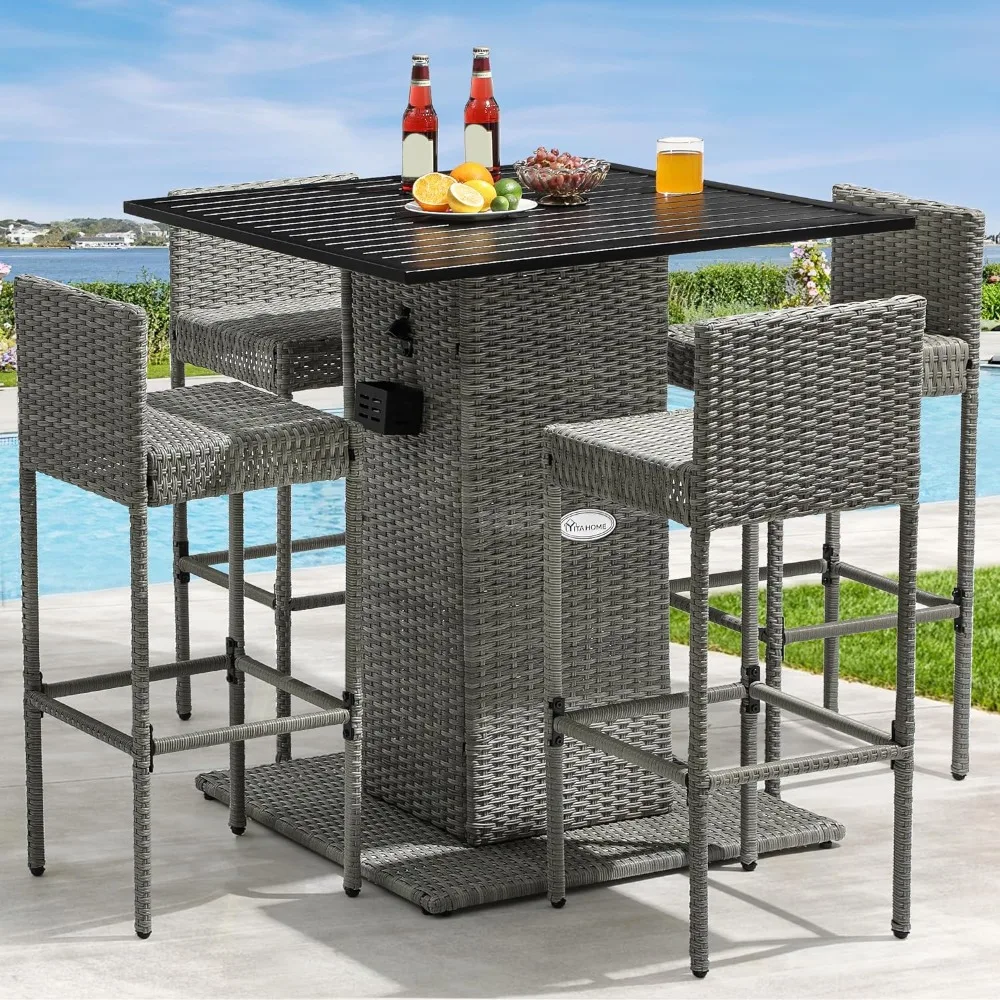 

Modern bar table, 5-piece outdoor set with built-in bottle opener, hidden storage rack, metal tabletop, 4 high stools, bar table