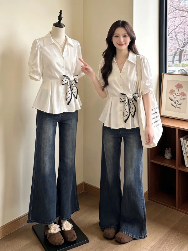 

Elegant V-neck Short Sleeve Shirt Women's plus Size Summer New Style Belted Waist Tie Top Korean Style Commute Fashion