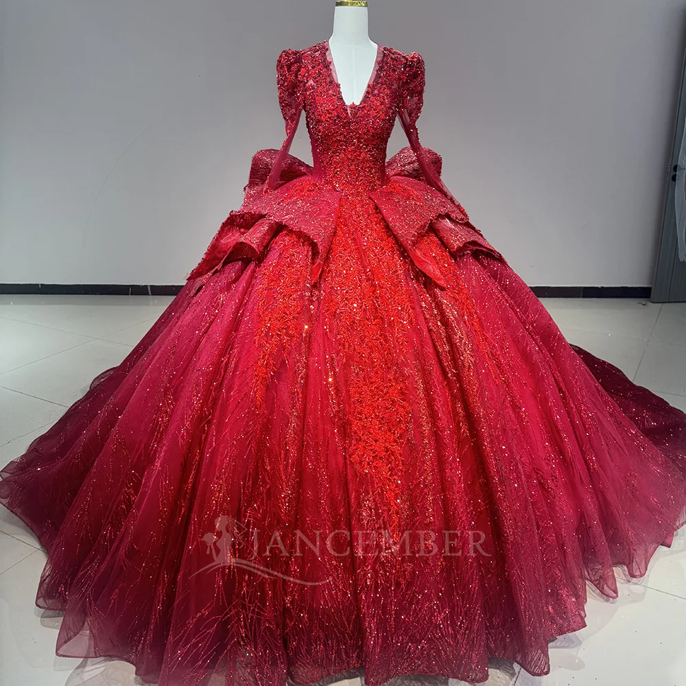 

Customized Luxurious Wedding Dress Organza With Bead Princess Ball Gown V-Neck Bride Dress Ruffles Long Sleeves Vestidos de novi