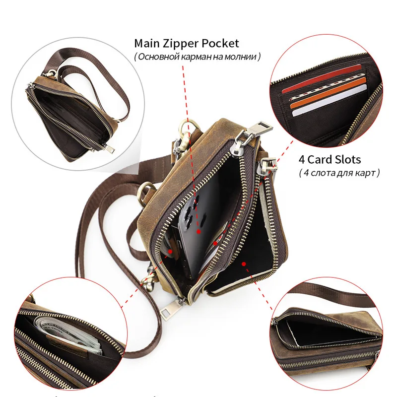 2024 Brand Men Shoulder Bags Crazy Horse Leather Crossbody Bag Casual Waist Pack Fanny Belt Bag For Male Small Phone Pocket