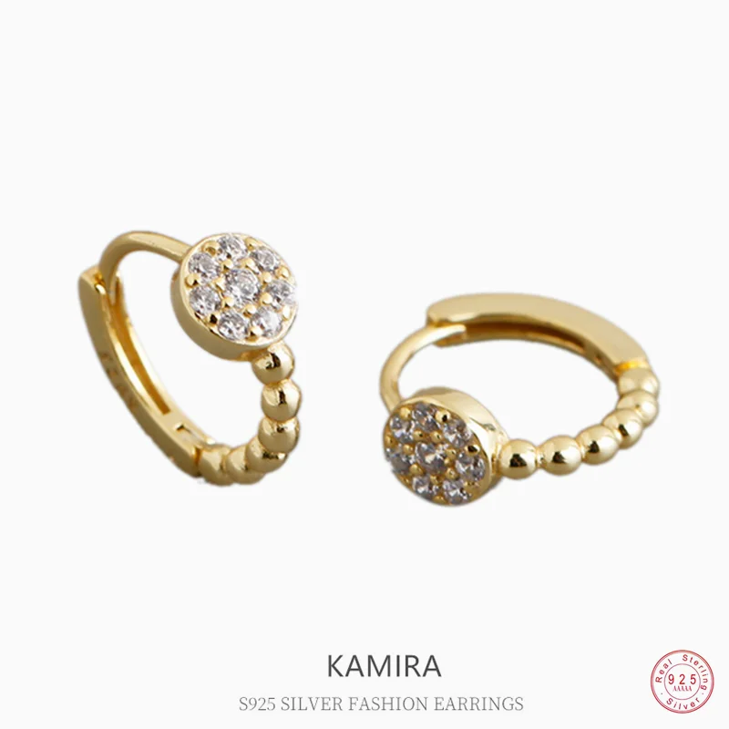 KAMIRA 925 Sterling Silver Geometric Round Zircon Beads Earrings for Women Fashion Elegant Hug Earrings Party Exquisite Jewelry