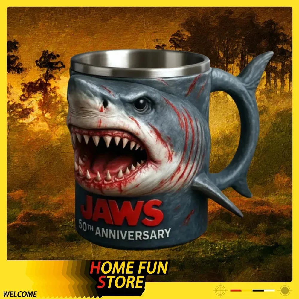 

Great White Shark Mug, 50th Anniversary 3D Coffee cup, stainless steel inner lining, creative ocean-themed cup, home decoration