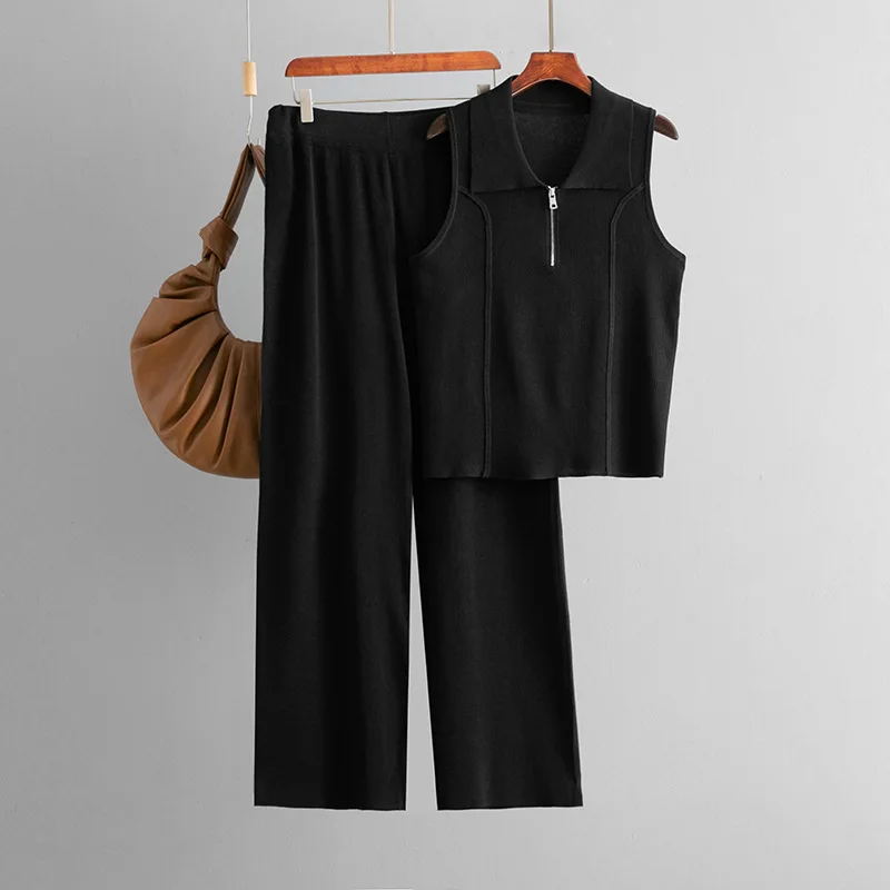 Knit Vest Suit Women 2 Piece Sets Knitted Tank Top Wide Leg Pants Ensemble Turn Down Collar Sleeveless 2025 Summer Outfits