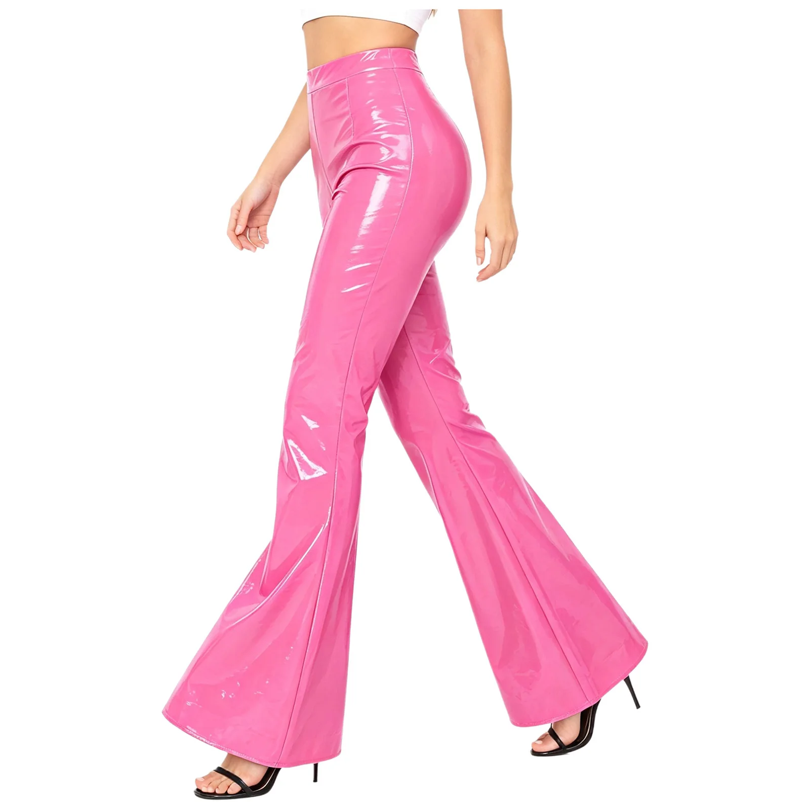 Women Fashion High Waist Ruched Zipper Wet Look Patent Leather Flared Pants Motorcycle Trousers Nightclub Rave Party Clubwear