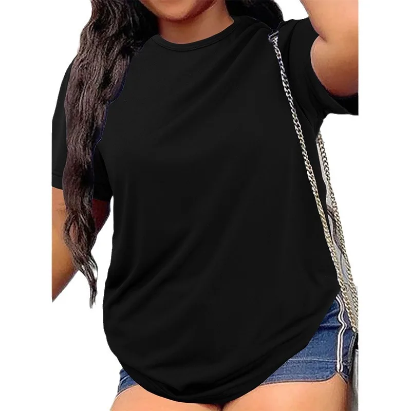 Loose Breathable ort Sve T-irt Women's Cross-Border Pure Color Pullover plus Size Trendy Clothing round Ne Polyester