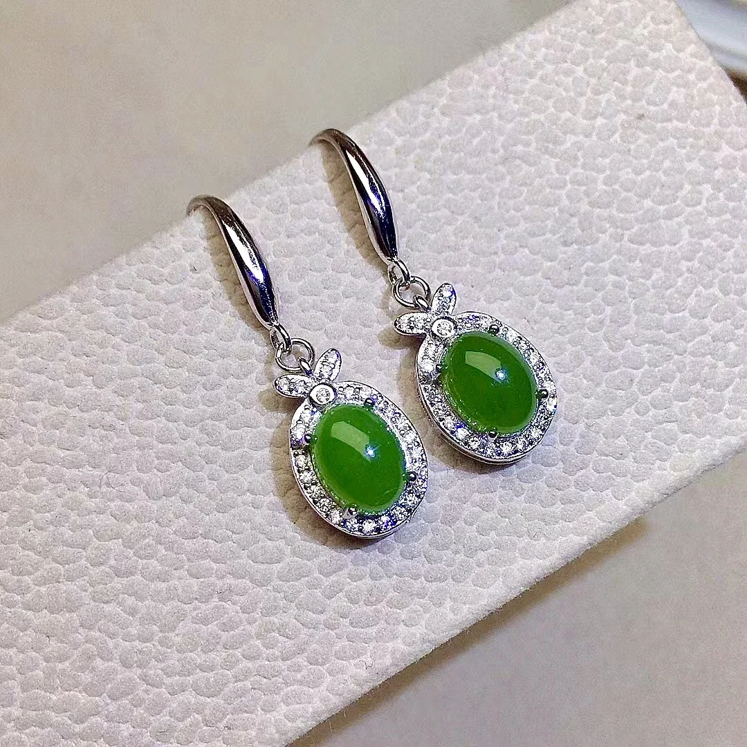 

Classic Gemstone Eardrop for Daily Wear 6mm*8mm 100% Natural Jade Drop Earrings 925 Silver Green Jade Earrings
