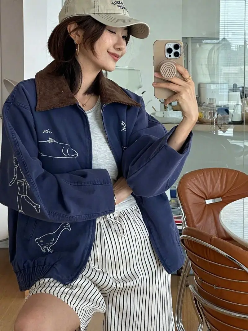 

Новинка осени 2024, повседневное бархатное джато, женское длинное пальто с воротником и вышитым животным узором на молнии