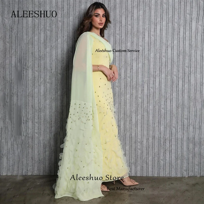 Aleeshuo Saudi Arabia Chiffon Mermai Prom Dress One Shoulder Pleated Crystal Beaded Evening Dresses Ankle-Length Gown Customized