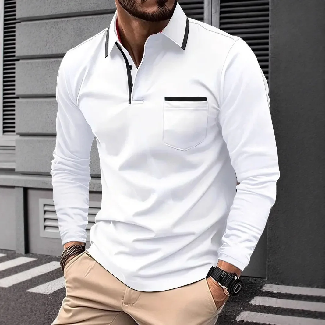 

Autumn men's casual long sleeved polo shirt with pockets, fashionable street trend, regular solid color elastic breathable