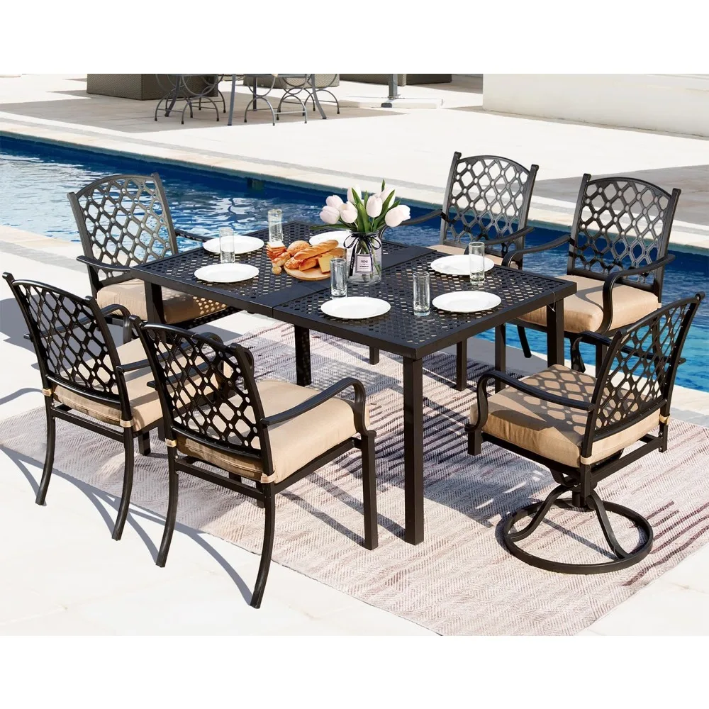 

Domi Outdoor 7 pcs Patio Dining Set, Metal Dining Table, Swivel and Dining Chairs Conversation Set with Removable Beige Cushions