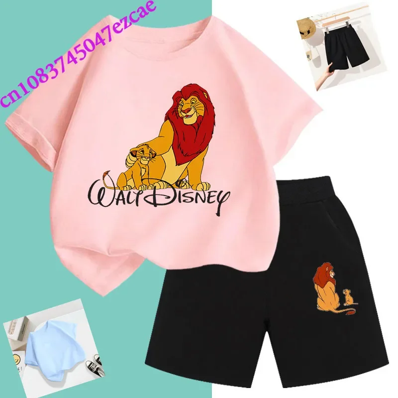 T-shirt estiva Disney Simba Set per bambini t-shirt re leone Set pantaloncini a maniche corte felpa con stampa cartone animato per ragazzi e ragazze