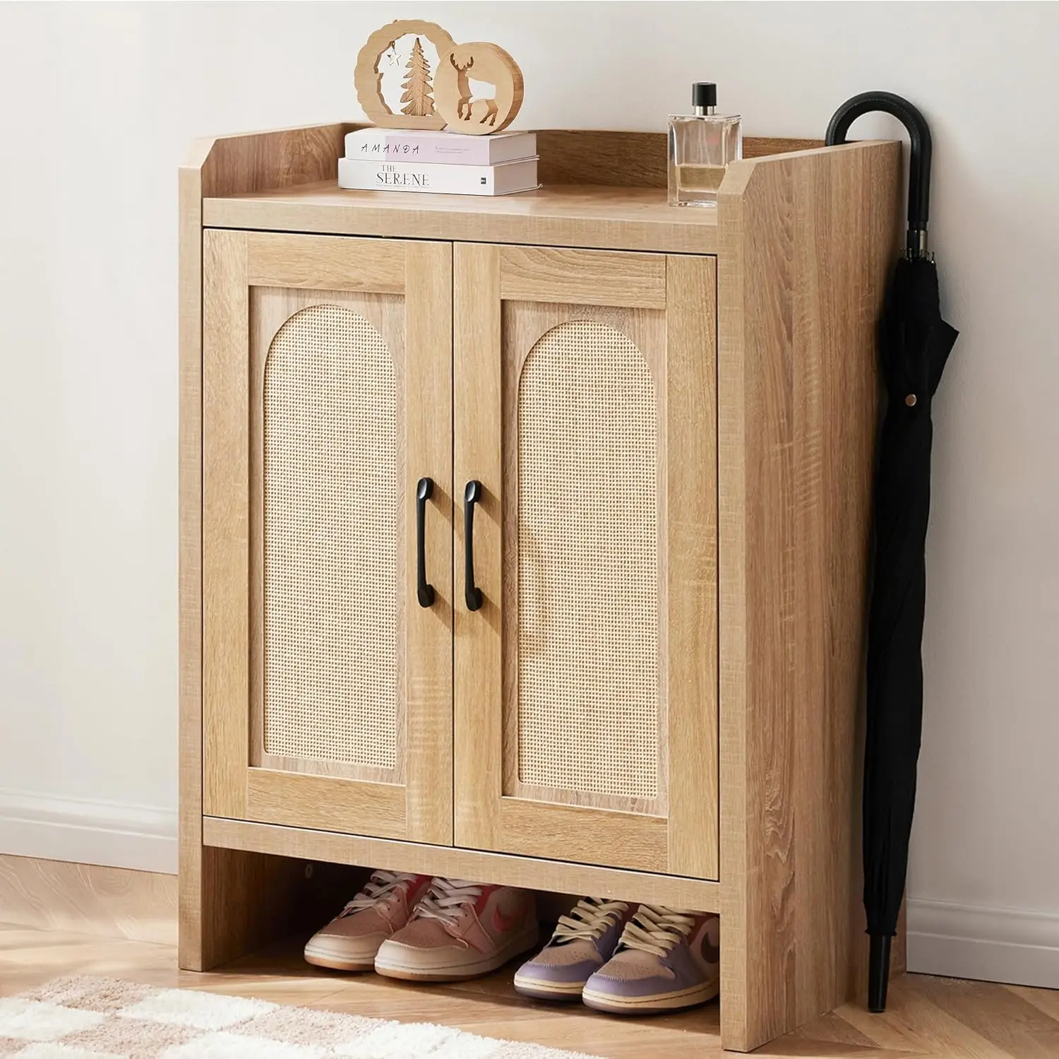 

Entryway, Natural Rattan Shoe Storage Cabinet, Wooden Shoe Rack Cabinet, Farmhouse Wood Shoe Organizer Cabinet for Hallway