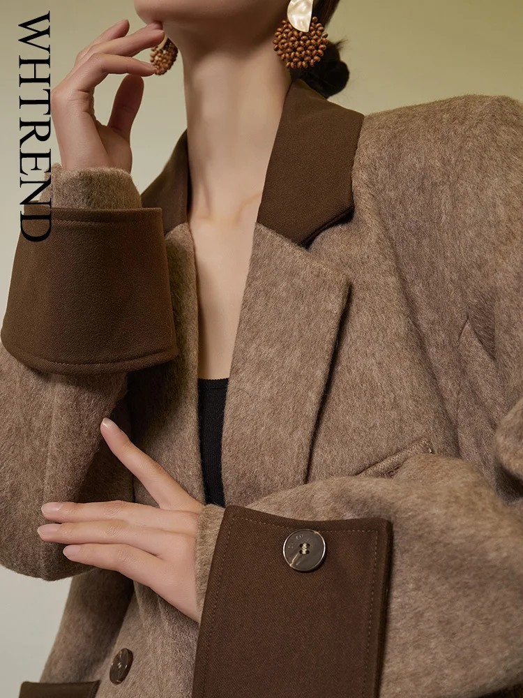 

WHTREND Patchwork Blazers For Women High End Korean Style Notched Double Breasted Woolen Coats Office Lady Fashion Jacket WH1372