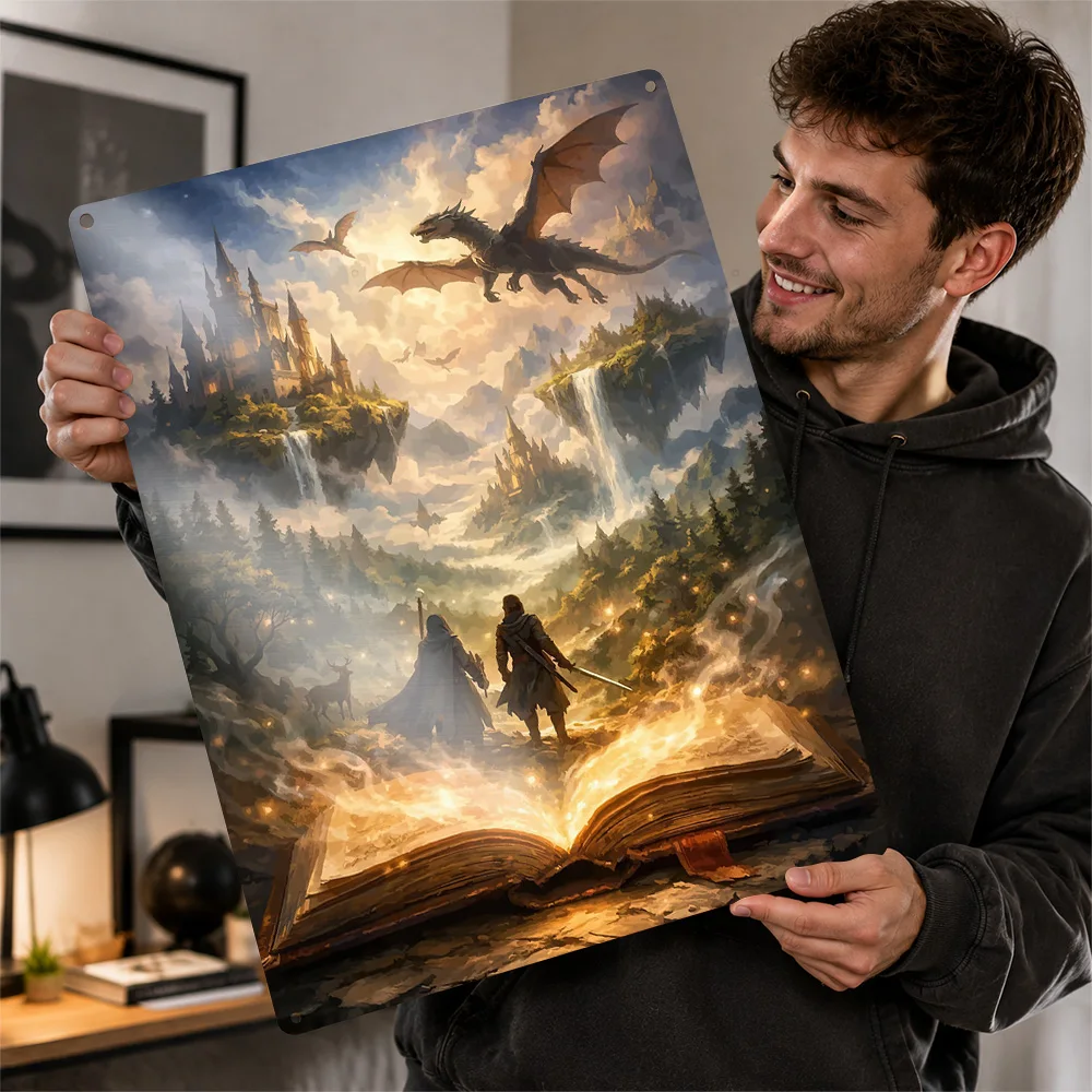 Fantasy Book Opens To Magical World Printed Poster Personalized Aluminum Metal Sign Dark Gothic Style Wall Art Game Room Decor