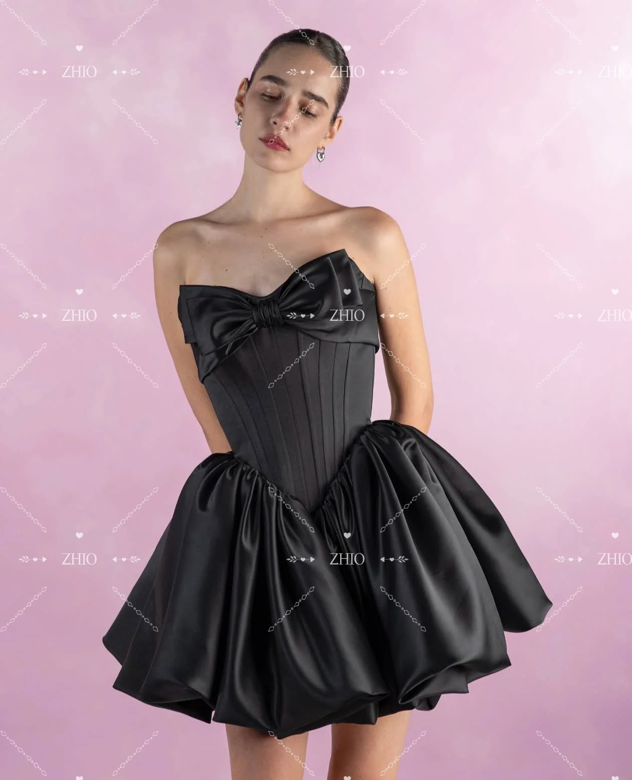ZHIO فستان كلاسيكي لحفلات الزفاف بفيونكة حمراء داكنة ثنيات على شكل حرف a من الساتان مناسبة خاصة للاحتفال فستان حفلات قصير مخصص