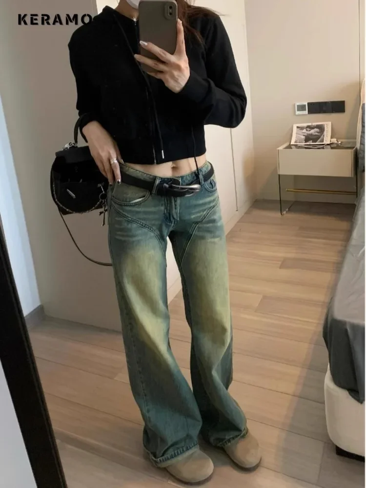 American Retro Blue Grunge High Street Jeans taschen Hip-Hop Baggy Damen hose Damen Emo Casual Y2k gewaschene Jeans hose