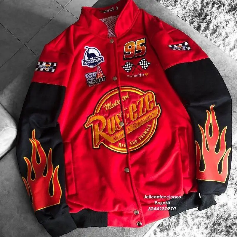 Mens Womens Red Black Racing Style Baseball Jacket with Flame Pattern Number 95 Single Breasted American Style Outdoor Wear Ins